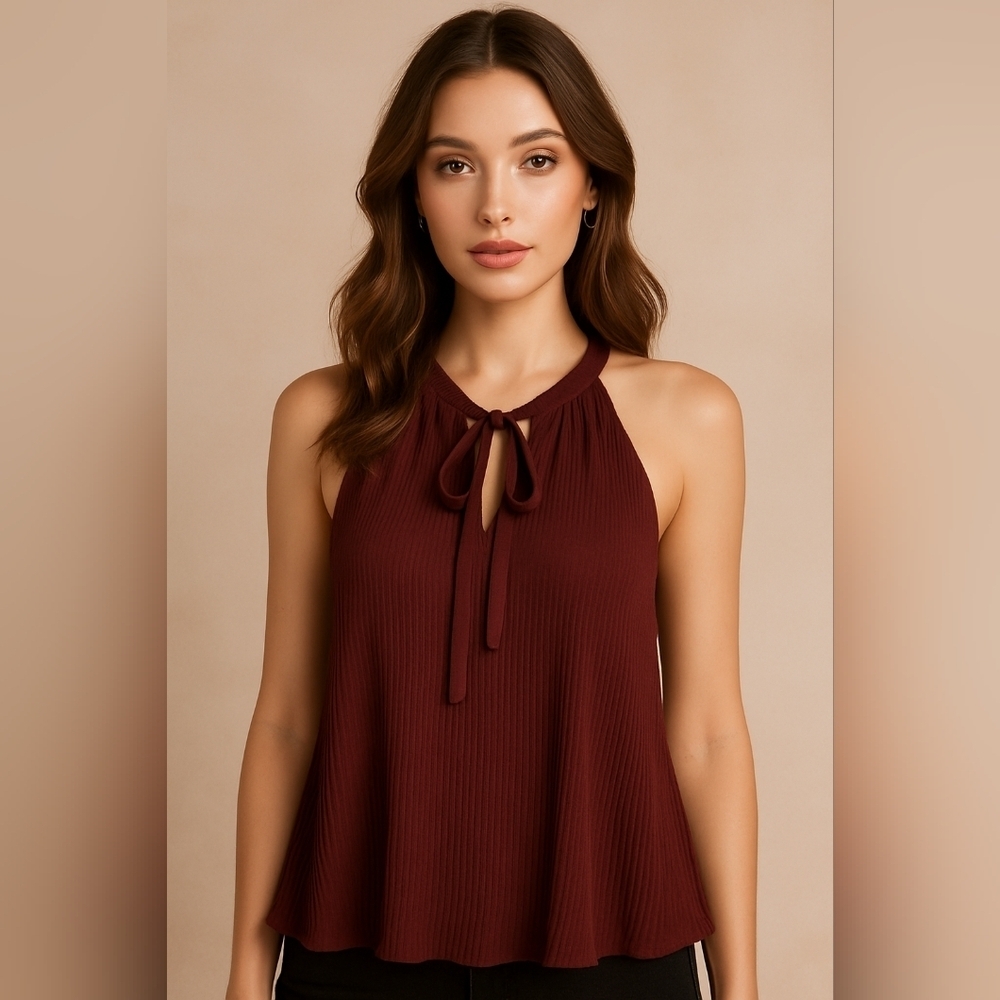 Nordstrom Rack Harlowe & Graham Pleated Halter Top Burgundy Lined Quiet Luxury‎